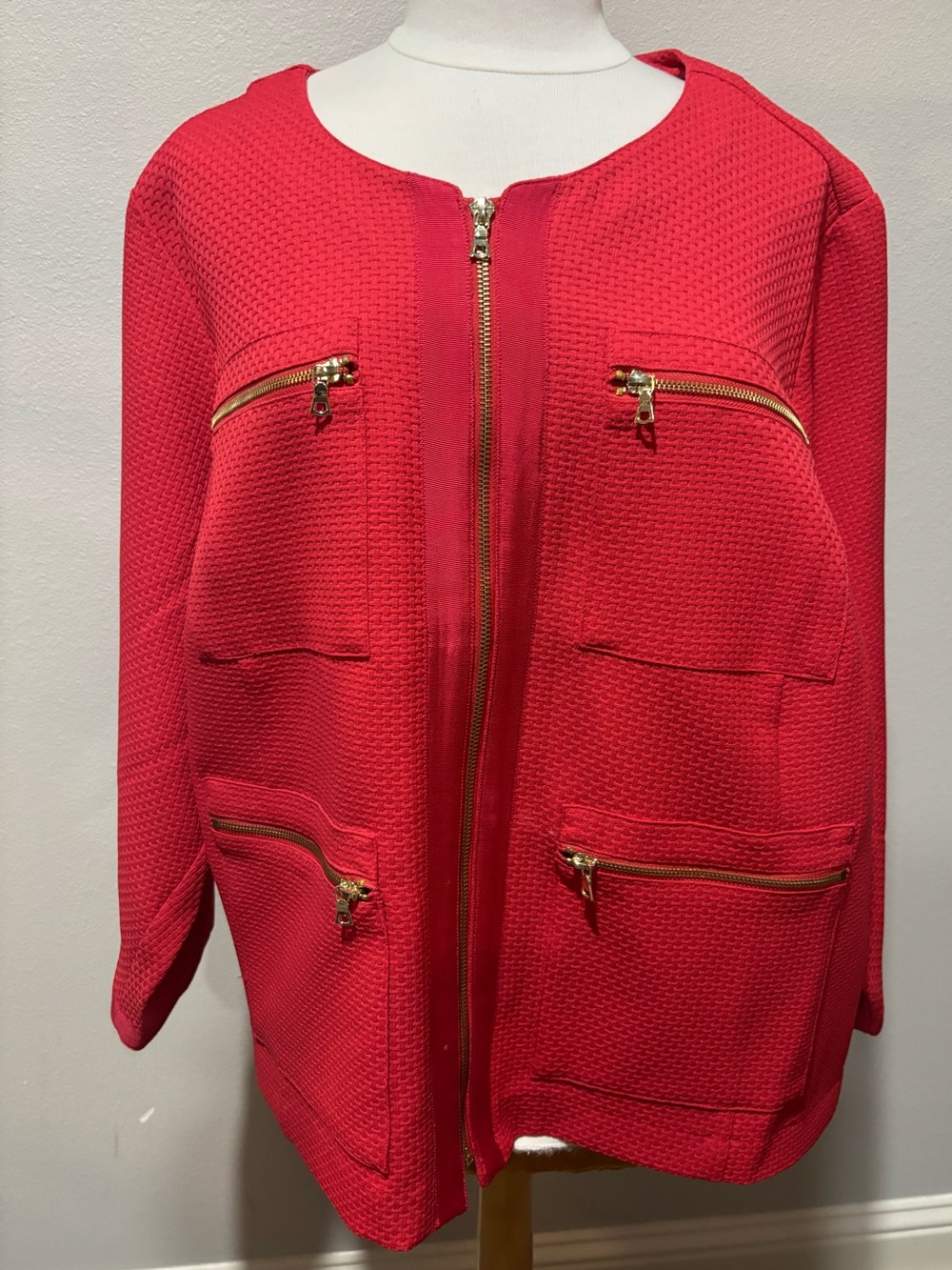 Bob Mackie Vibrant Red Front Gold Zipper Textured Blazer Size 3X